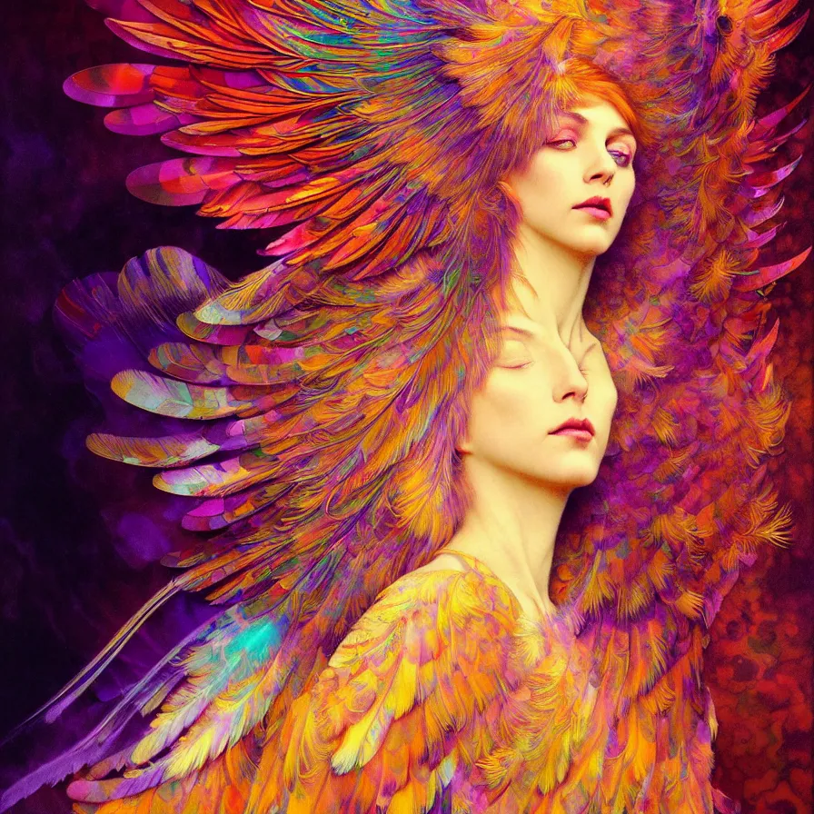 Image similar to face of innocent psychedelic transcendent feather mind bending psychedelic wings of glossy liquid honey flowing like kaleidoscopic translucent holograph, lsd feathers, feathery fluff, enlightenment, high contrast dappled lighting, refracted sunset, highly detailed, concept art, art by collier, albert aublet, krenz cushart, artem demura, alphonse mucha