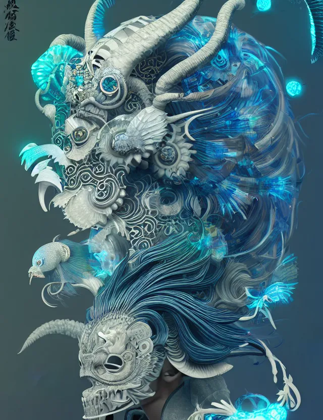 Image similar to 3 d goddess close - up profile solarpunk portrait ram skull. beautiful intricately detailed japanese crow kitsune mask and clasical japanese kimono. betta fish, jellyfish phoenix, bio luminescent, plasma, ice, water, wind, creature, artwork by tooth wu and wlop and beeple and greg rutkowski