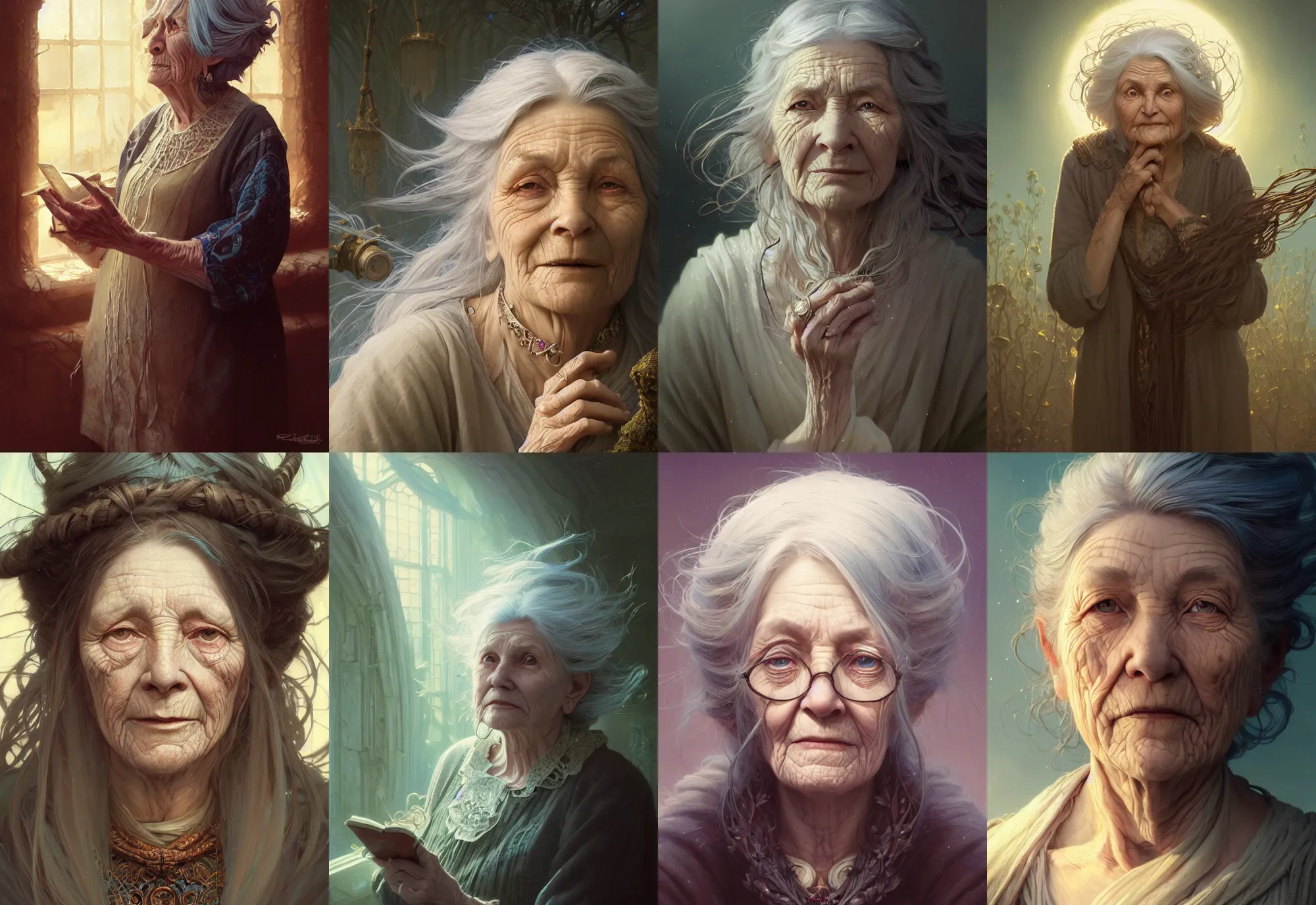 Prompt: highly detailed portrait of an old woman with long hairs, stephen bliss, unreal engine, fantasy art by greg rutkowski, loish, rhads, ferdinand knab, makoto shinkai and lois van baarle, ilya kuvshinov, rossdraws, tom bagshaw, alphonse mucha, global illumination, radiant light, detailed and intricate environment