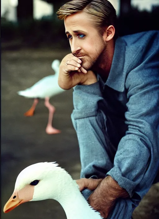 Image similar to ryan gosling fused with a goose, natural light, bloom, detailed face, magazine, press, photo, steve mccurry, david lazar, canon, nikon, focus