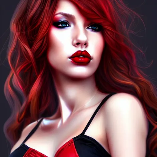 Image similar to a realistic illustration portrait of a beautiful liz katz with curly black and red hair, black eyeliner, trending on artstation, hyper - realistic lighting, intricate, ross tran