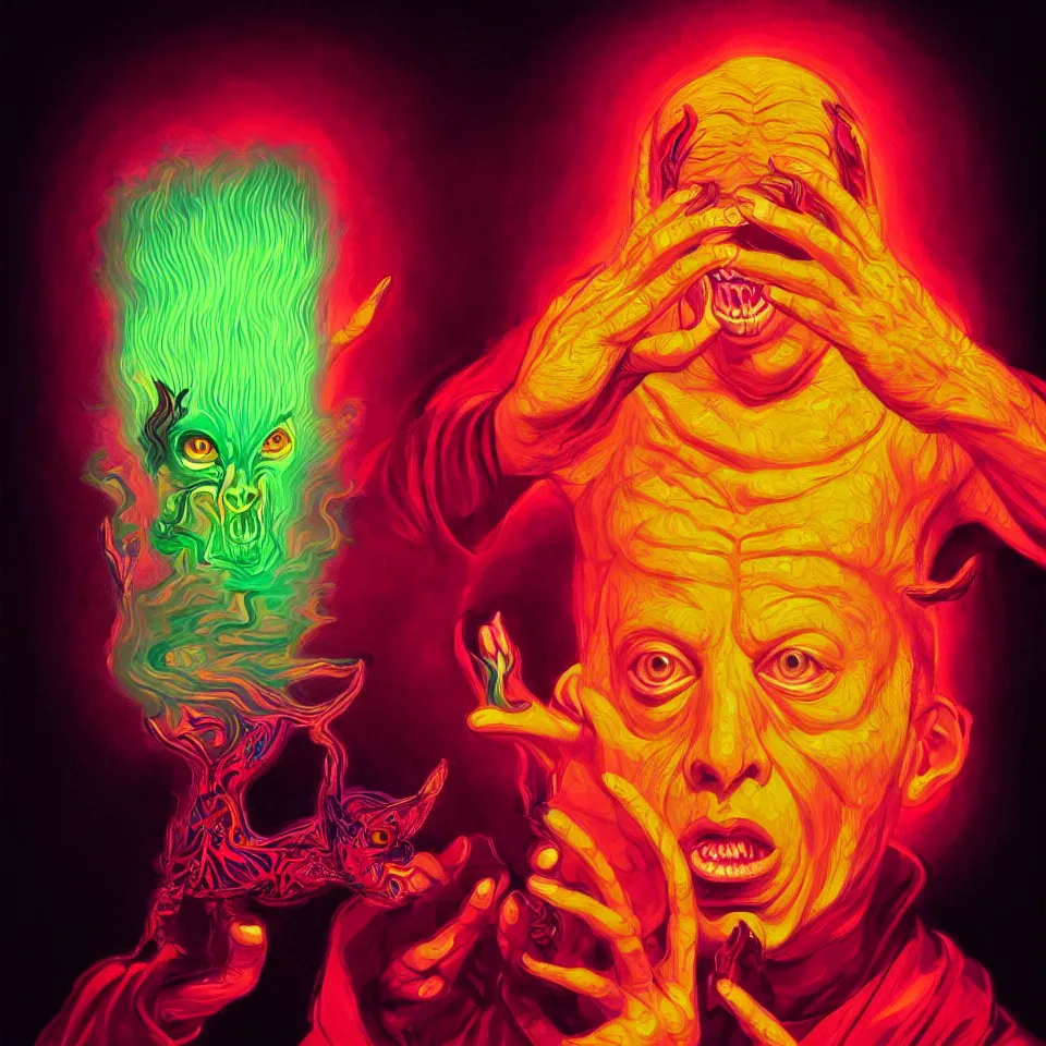 Image similar to bright psychedelic todd solondz eating satan, diffuse lighting, fantasy, intricate, elegant, highly detailed, lifelike, photorealistic, digital painting, artstation, illustration, concept art, smooth, sharp focus, art by francis bacon