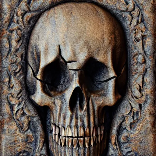Prompt: rustic antiqued carving, gothic bas relief of skull with decorative tribal design, textured 3 d, intense detail, hyperealism, 4 k