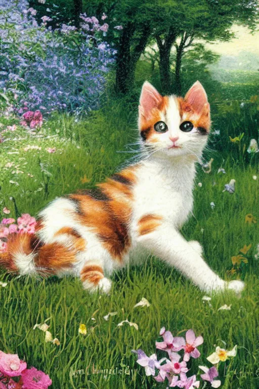 Prompt: cute friendly calico kitten in the grass on a beautiful sunny day, illustrated by James Gurney, Laurie Greasely, Thomas Kinkade, highly detailed environment