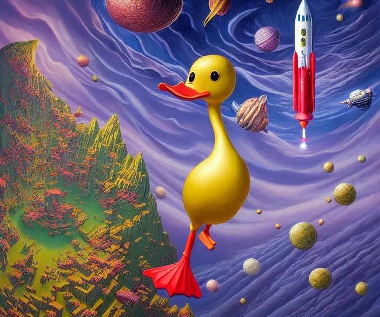 Image similar to hyper detailed 3d render like a Oil painting - a cartoon duck launching a rocket into deep space, by Jacek Yerka, Mariusz Lewandowski, Houdini algorithmic generative render, Abstract brush strokes, Masterpiece, Edward Hopper and James Gilleard, Zdzislaw Beksinski, Mark Ryden, Wolfgang Lettl, hints of Yayoi Kasuma, octane render, 8k