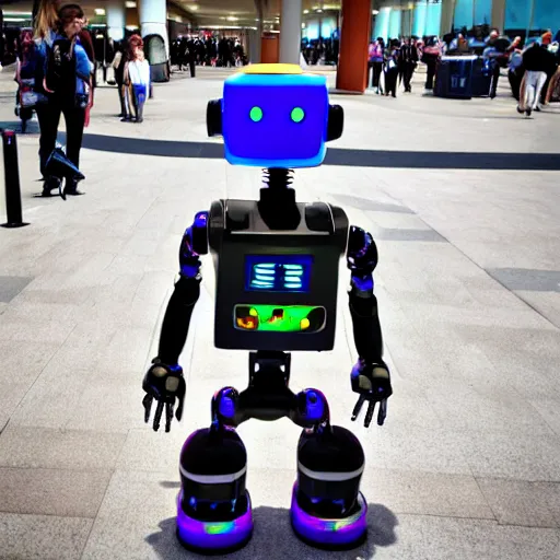 Prompt: <photo hd robot-expression='hug pls' robot-desire='hug' robot-traits='fluffy cute adorable' location='las vegas convention center'>i think this robot is following me</photo>