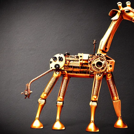 Prompt: a steampunk robotic giraffe, dark background, super - detailed, photo - realistic,