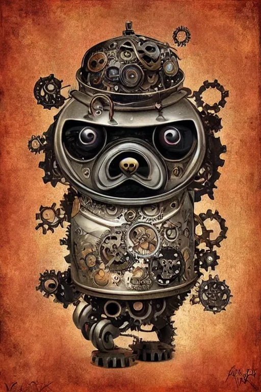 Prompt: robot pug, made of cogs, fairytale, magic realism, steampunk, mysterious, vivid colors, by mark ryden, tom bagshaw, trevor brown