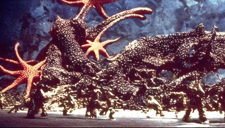 Prompt: a filmstill of the movie Pulgasari by Shin Sang-ok and Kim Jong-il, a giant kaiju starfish destroying a korean palace, cinematography by Akira Kurosawa