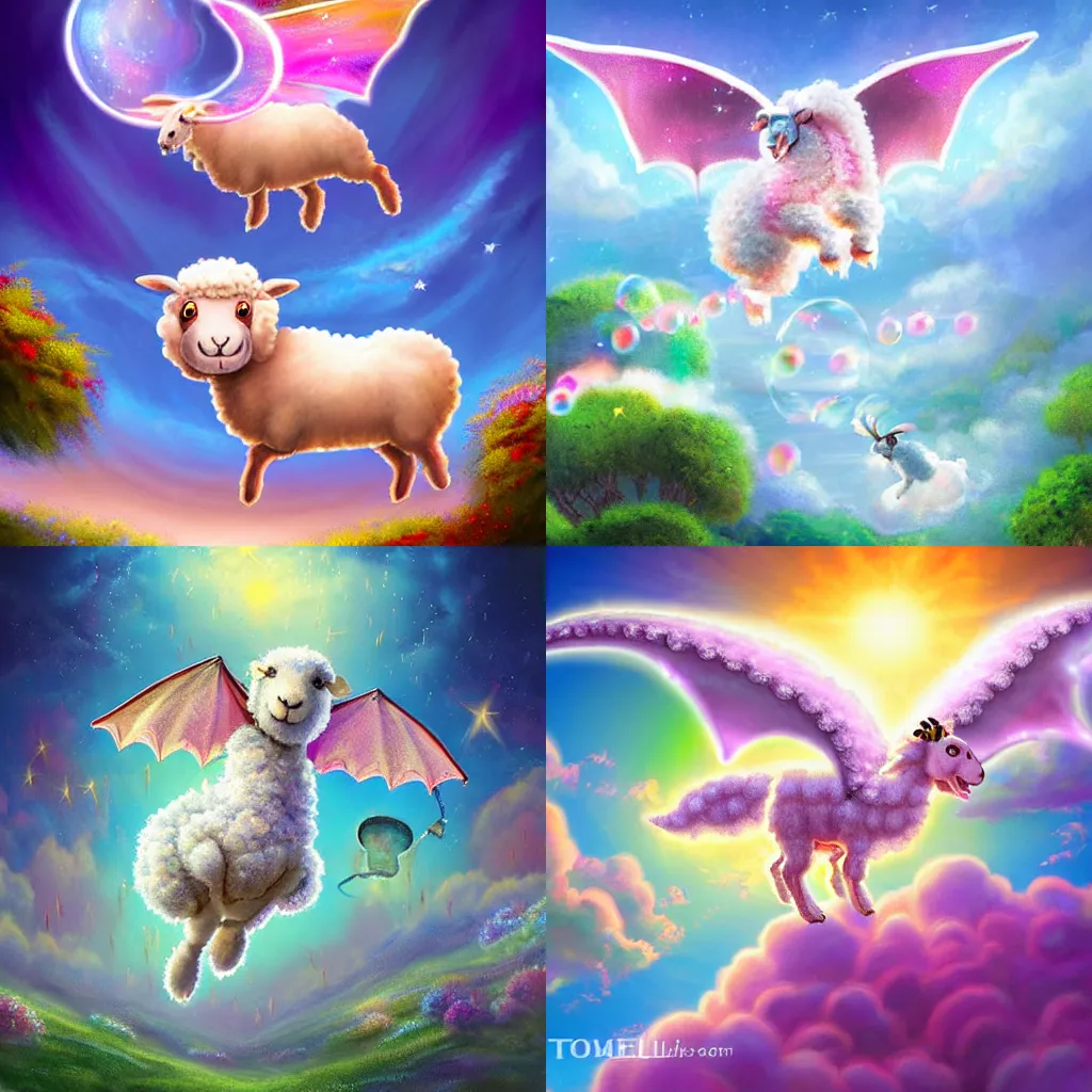 Prompt: digital art of a sheep dragon hybrid flying in the sky with a collar and bell, bringer of sweet dreams, bubbles and stars, concept art, high detail with soft brush strokes, stylized, art by tomas kinkade, art by lisa frank, art by eellie, soft colors