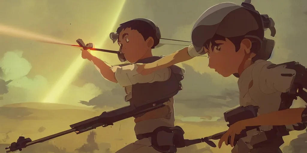 Prompt: a stylized 2 d cinematic keyframe of a cyborg child soldier shooting a laser, joy gaze, cel - shaded, classical animation, edge - to - edge print, rendered by studio ghibli, artgerm, alyssa monks, andreas rocha, david kassan, neil blevins, rule of thirds, golden ratio, ambient lighting