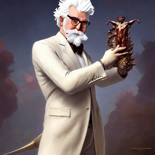 Prompt: a full body portrait of colonel sanders the greek god!!! extremely beautiful, anatomically accurate, by artgerm and by greg rutkowski and by alphonse mucha and by simon bisley, radiant light, detailed and intricate environment,