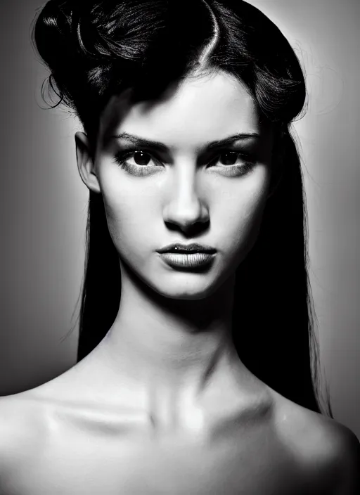 Image similar to black and white portrait photo of beautiful young female model with black hair pinned up, seductive glance, slight smile, symmetric face, symmetric eyes, natural light, low contrast, photo by Peter Lindbergh, 8K