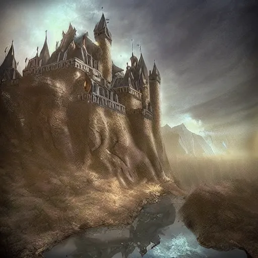 Prompt: “ high fantasy background with a castle, digital art, trending on artstation, gloomy, unreal engine ”