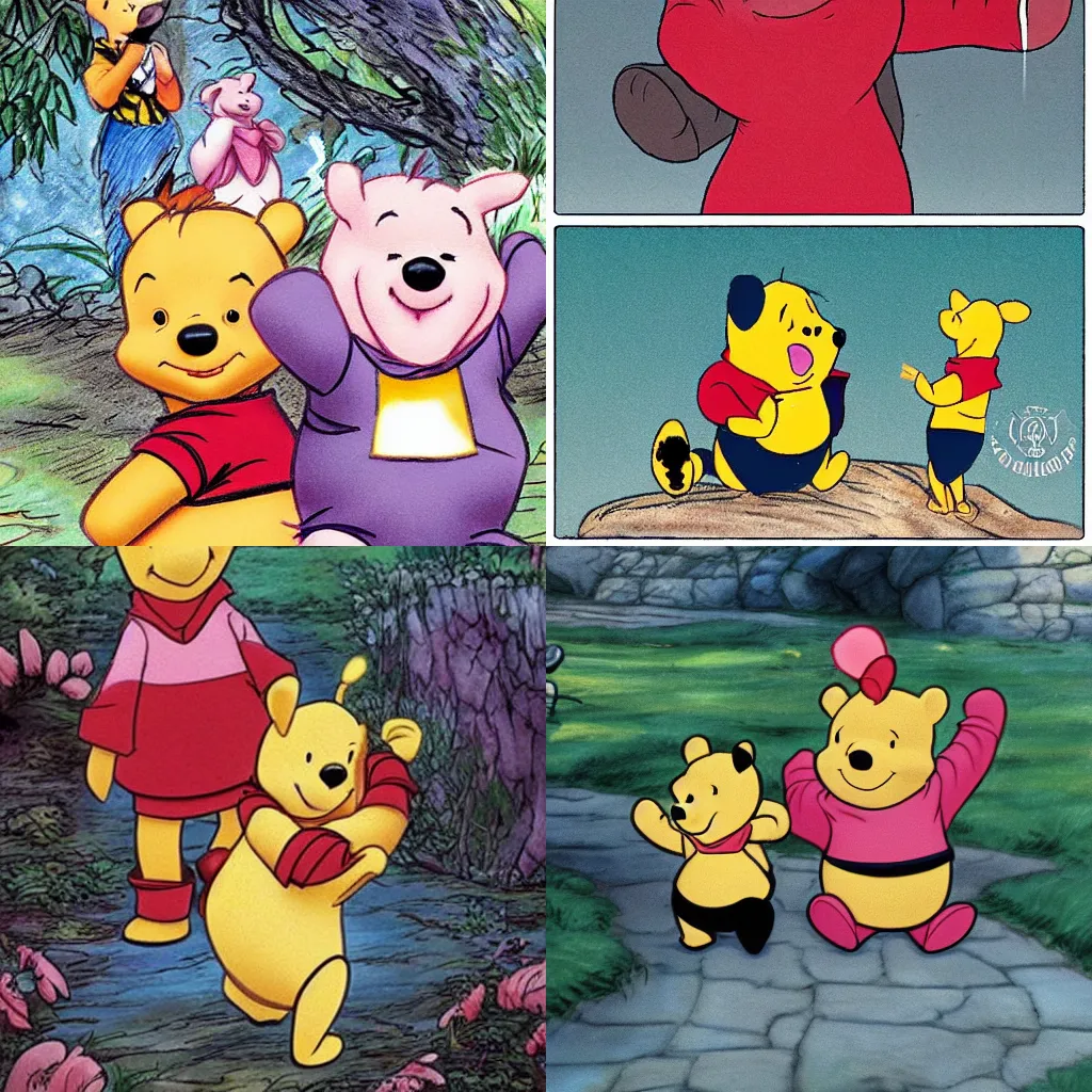 Prompt: Winnie the pooh and piglet as anime charaters