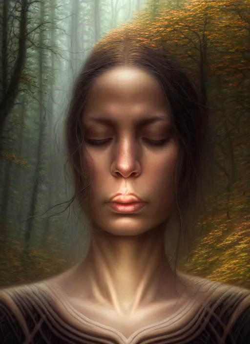 Image similar to closeup portrait shot of a meditation in nature in a scenic dystopian environment, intricate, elegant, highly detailed, centered, digital painting, artstation, concept art, smooth, sharp focus, illustration, artgerm, tomasz alen kopera, peter mohrbacher, donato giancola, joseph christian leyendecker, wlop, boris vallejo