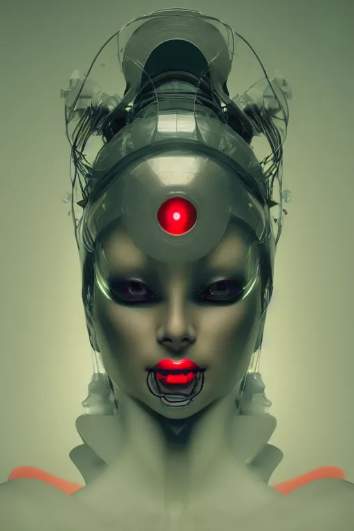 Image similar to cyber geisha by Ash Thorp and Andrei Riabovitchev, red green LED lights, extremely beautiful and proportionate face, sharp focus, hyper detailed, octane render, biomechanical