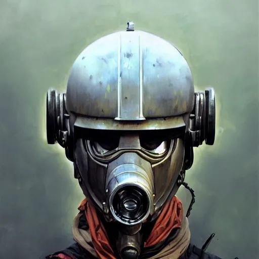 Image similar to a concept art portrait of masked diesel punk helmet on the art deco streets of the big city, artstation, award - winning realistic sci - fi concept art by jim burns and greg rutkowski, beksinski, a realism masterpiece, muted color palette, james gilleard, bruegel, alphonse mucha, and yoshitaka amano