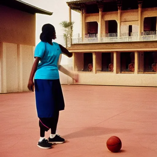 Prompt: A 30 year old women playing basketball in a temple, 90's professional color photograph