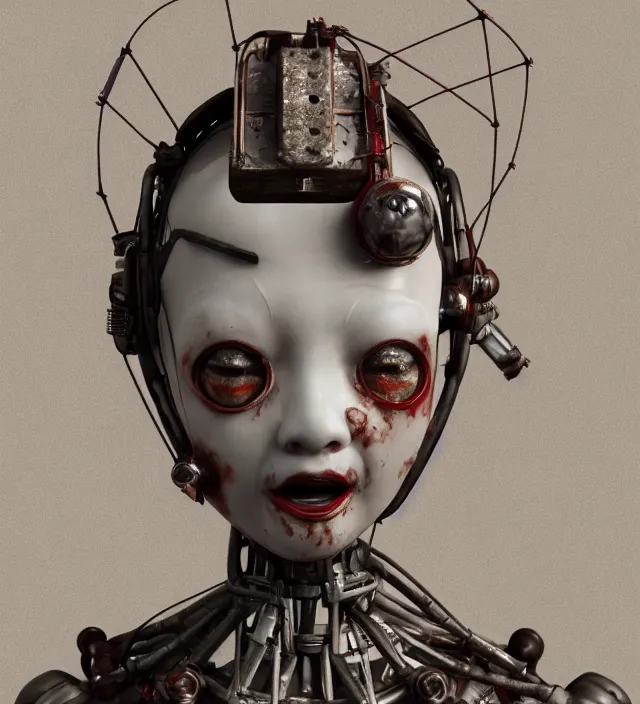 Prompt: portrait of a slightly rusty japanese robotic geisha with wires and actuators, porcelain white face, dramatic lighting, hyper - realistic, ultra - realistic, intricate details, 8 k ultra high definition, octane render