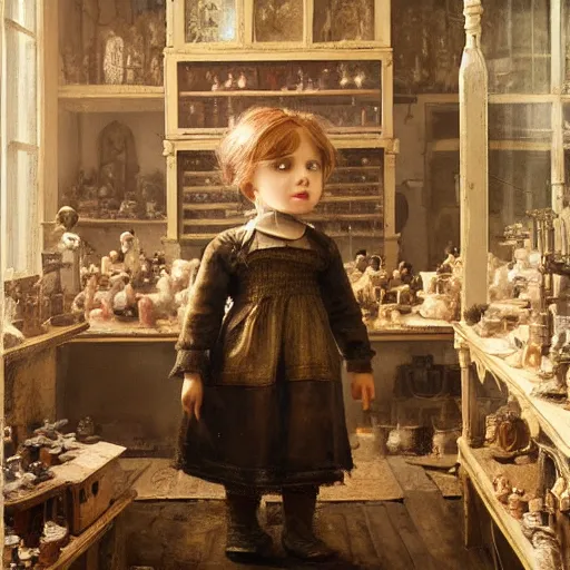 Image similar to human child standing in a victorian doll maker's shop looking at all of the dolls, high detail, digital art, painted by greg rutkowski, painted by seb mckinnon, trending on artstation