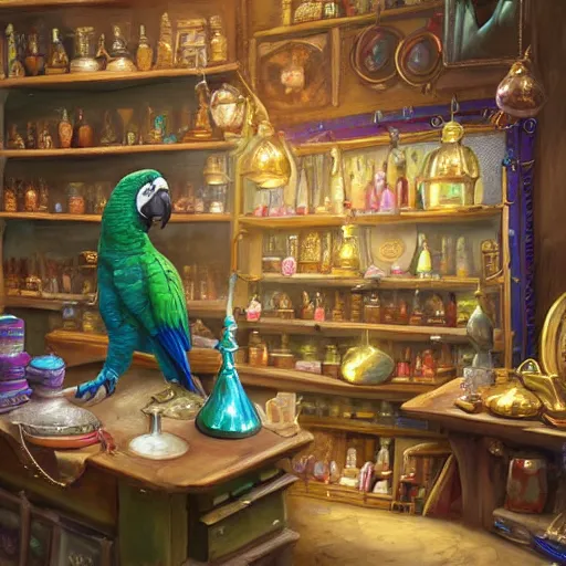 Image similar to Oil painting of Anthropomorphized parrot trader in his shop, shelves full, selling a gem, portrait, items, magic potions, carpet, window, fancy funny hat, sly expression , cunning expression, cute expression, presenting magic gem, D&D, fantasy, cinematic lighting, highly detailed, digital painting, artstation, concept art, smooth, sharp focus, illustration, warm light, cozy warm tint, magic the gathering artwork, volumetric lighting, 8k, no gold, no gold colours, art by Akihiko Yoshida and Greg Rutkowski