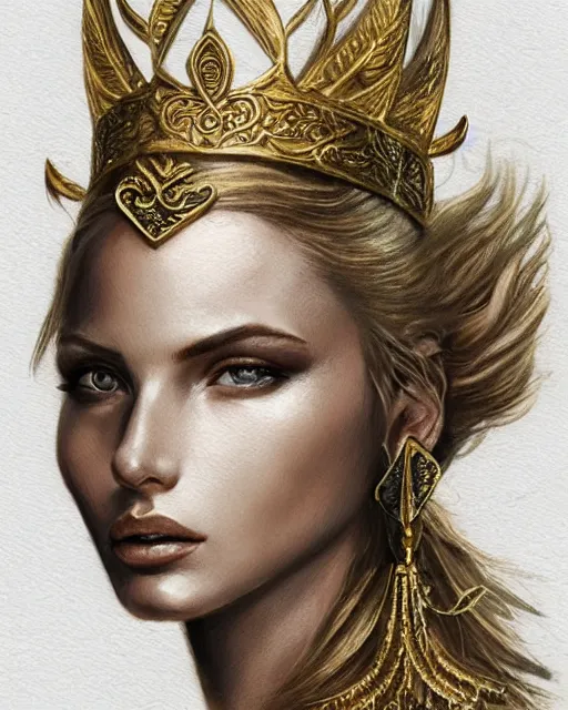 Image similar to tattoo sketch of blonde super model aphrodite greek goddess wearing a gold laurel wreath and triangle earrings, beautiful piercing gaze with sharp pupils, in the style of greg rutkowski, fantasy, amazing detail, epic, elegant, smooth, sharp focus, front view