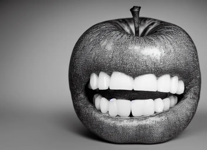 Image similar to photo still of an apple with human teeth, 8 k, studio lighting bright ambient lighting key light, 8 5 mm f 1. 8