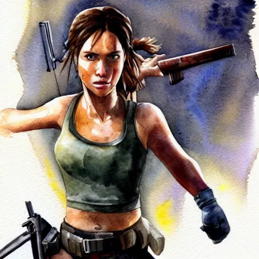 Prompt: lara croft running and shooting with a gun, watercolours