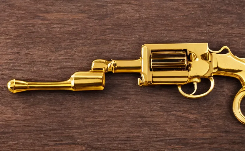 Image similar to shiny golden revolver laying on a wooden table, complex, high detail