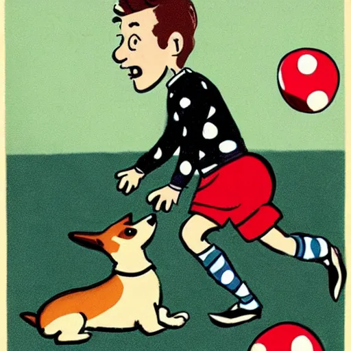 Image similar to illustration of french boy on the streets of paris playing football against a corgi, the dog is wearing a polka dot scarf, comic, 1 9 6 6