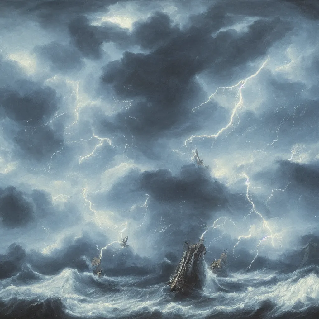 Prompt: a fantasy landscape of a giant squid in a stormy sea, giant waves, lightning in the background, small boat, oil painting, 4 k
