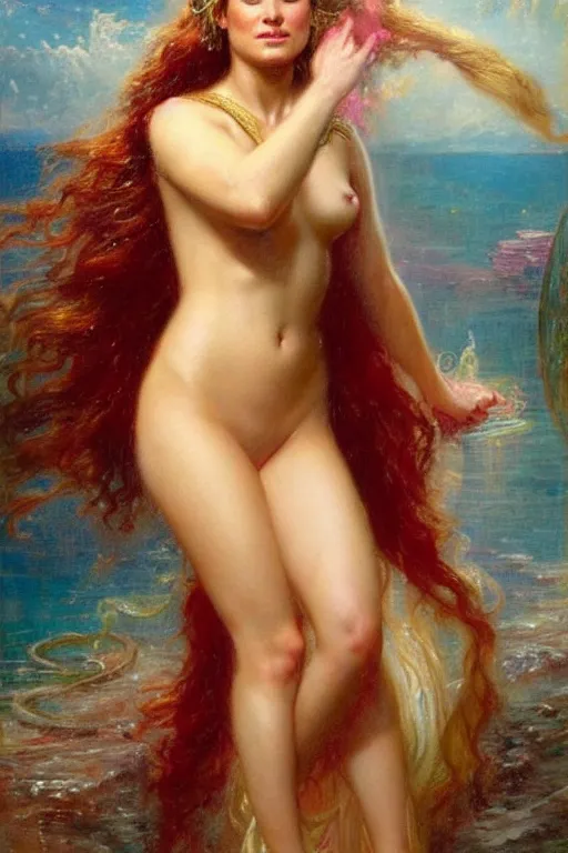 Image similar to portrait of brie larson as the goddess aphrodite. art by gaston bussiere.