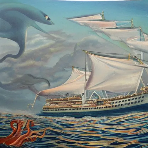 Prompt: A giant squid destroying a cruise ship in the middle of the ocean, oil painting