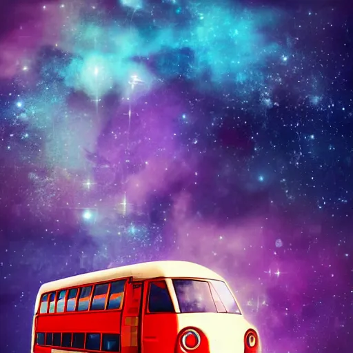 Image similar to Soviet era bus in space in front of a purple nebula