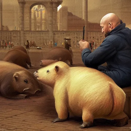 Prompt: an epic painting of lenin petting capybara, oil on canvas, social realism, perfect composition, golden ratio, beautiful detailed, photorealistic, digital painting, concept art, smooth, sharp focus, illustration, artstation trending, octane render, unreal engine