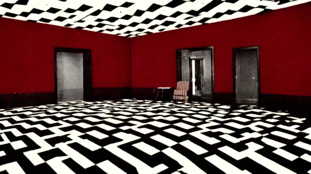 Image similar to cinematography film still of Twin Peaks (1990) the Black Lodge, red curtains, black furniture, white and black chevron floor tile, eerie david lynch cinematography, red room in the black lodge from Twin Peaks, shot on Eastman Kodak 35mm film, red hues, saturated, vintage