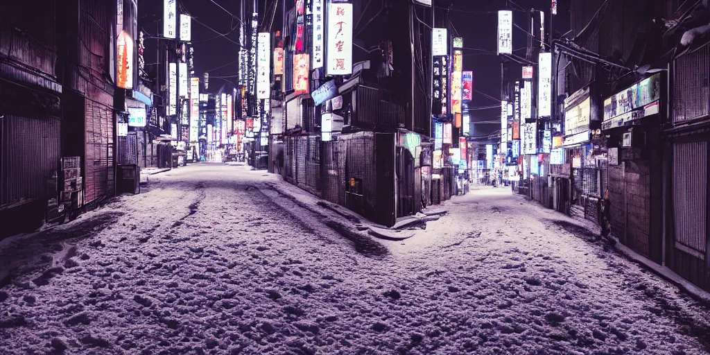 Prompt: a city street at night, snowing, photograph, cyberpunk, sharp focus, intricate detail, drone shot, high resolution, 8k, neon streetlights, wires hanging down everywhere, Japan,