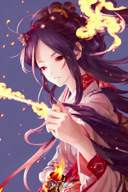 Prompt: beautiful attrative face kawaii girl kimono gunslinger with fire sparkling and smoke around her, light flowing hair, anime key visual, absurdly beautiful, highly detailed, sharp focus, concept art, granblue fantasy, anime by serafleur / d pin / rongzhen luo / mingdosa / ruan jia / gemi ningen