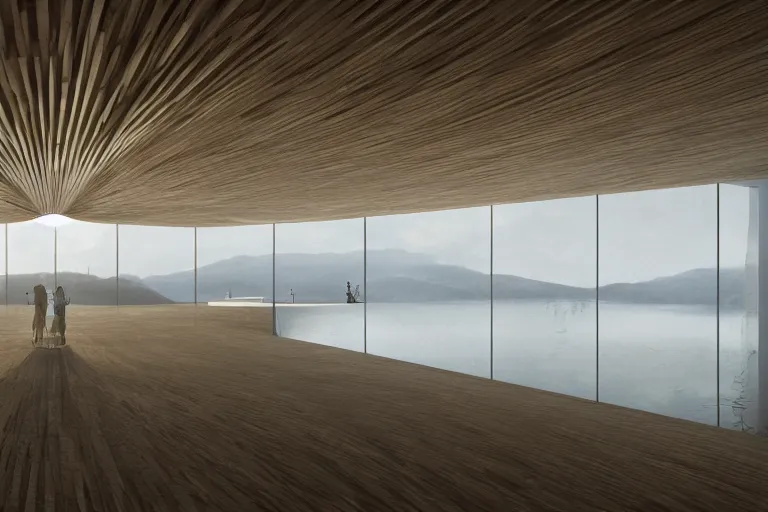 Image similar to a building interior formed by the intersection and fusion of many multi white spherical egg shaped spaces, on the calm lake surface, people's perspective award winning, highly detailed 4 k art, dusk, unreal engine highly rendered, global illumination, radial light, internal environment by kazuyo sejima