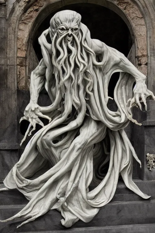 Image similar to cthulhu marble statue by michelangello and leonardo da vinci