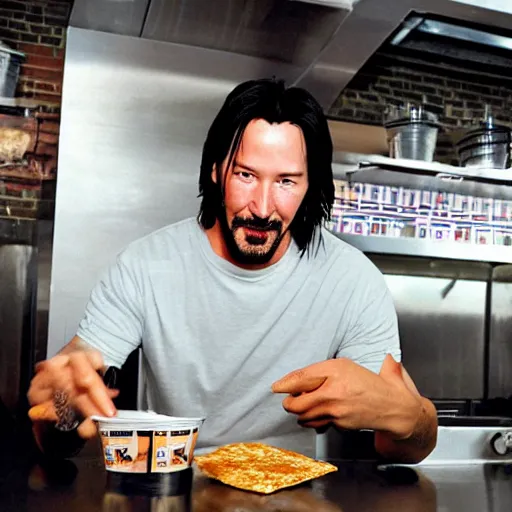 Image similar to keanu reeves enjoying taco bell in a cyberpunk styled kitchen, lit with neon lights