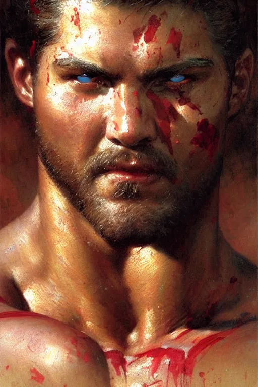 Image similar to Gladiator, blood, sweat, muscular, detailed face, correct face, painting by Gaston Bussiere, Craig Mullins