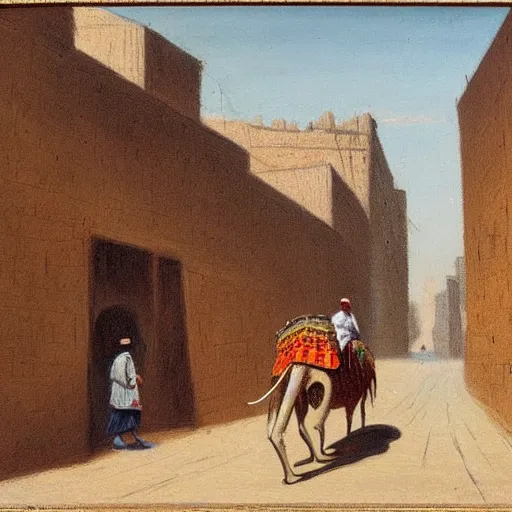 Image similar to An expressionistic painting of a mouse Riding a camel through a narrow street in london, (1885)