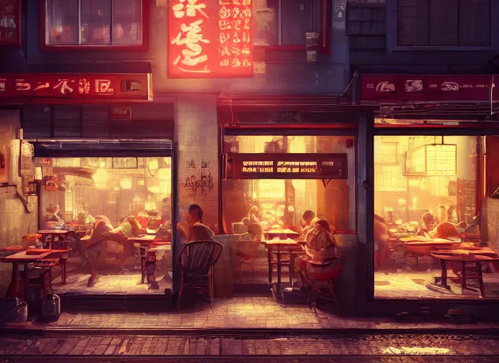 Prompt: seen through a window!! a small cozy ramen restaurant in a busy thriving cyberpunk street at night, trending on cgsociety, unreal engine, 4 k wallpaper