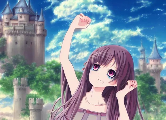 Prompt: stunning anime girl, animated, pastel colors, muted colors, fantasy art, castle in the background