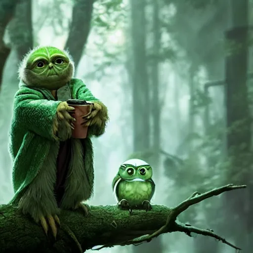 Prompt: a green owl with yoda ears greg rutkowski and jason chan highly detailed cinematic lighting octane render unreal engine
