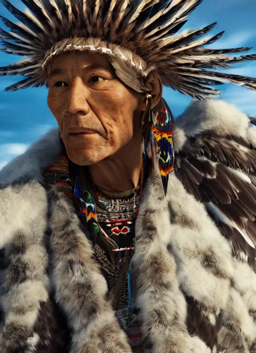 Image similar to Navajo shaman morphing into an eagle during a Sundance, realistic, cinematic, octane render