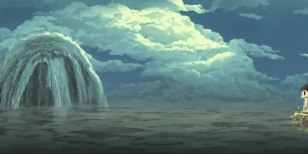 Prompt: a cell - shaded studio ghibli concept art study of a portal in the air over a flooded desert on a misty starry night. a waterfall is flowing out of the portal. very dull colors, hd, 4 k, hq