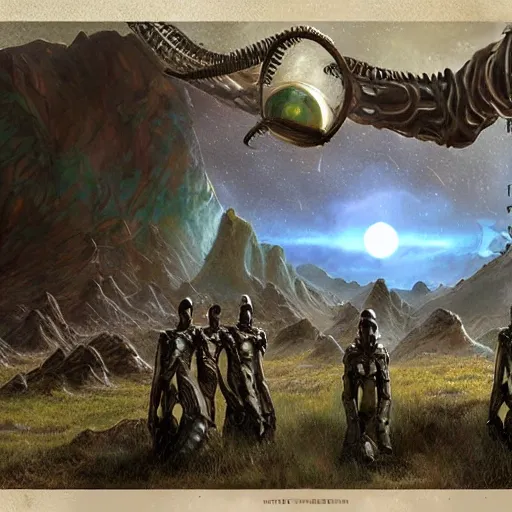 Image similar to aliens on a strange planet, fantasy art, matte painting